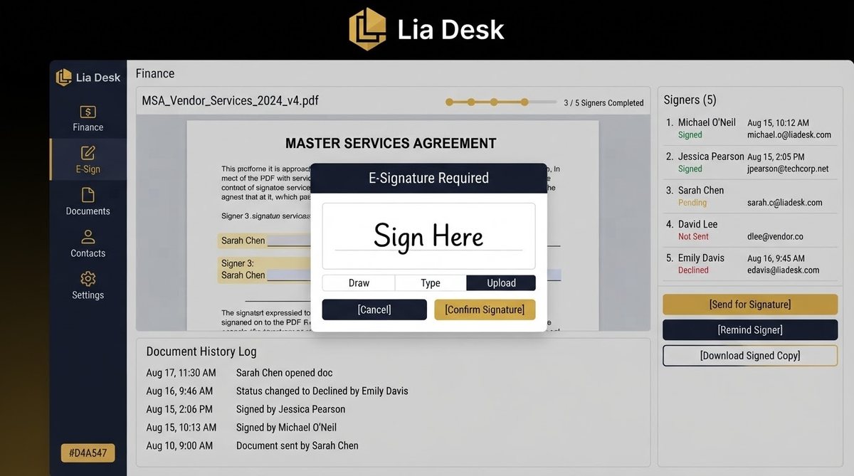 E-signature screen in Lia Desk