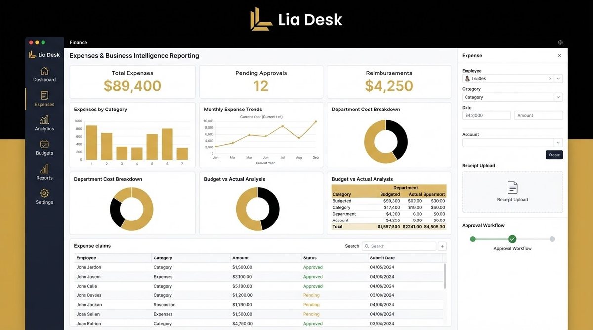 Expenses and reporting screen in Lia Desk