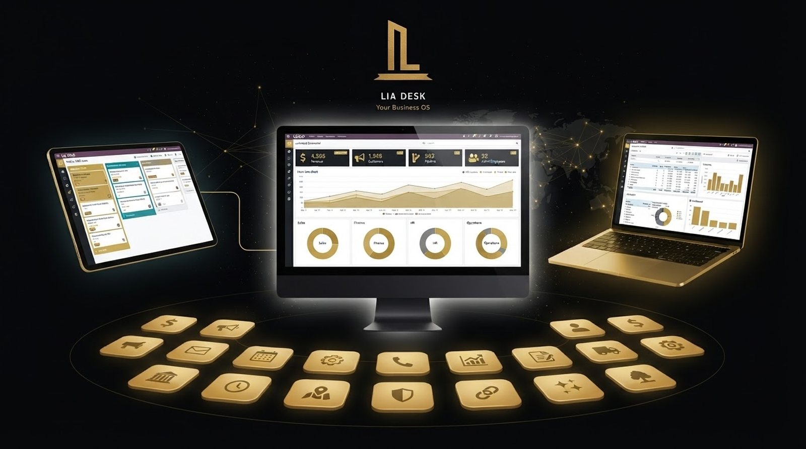 Lia Desk dashboard across desktop, laptop, and tablet